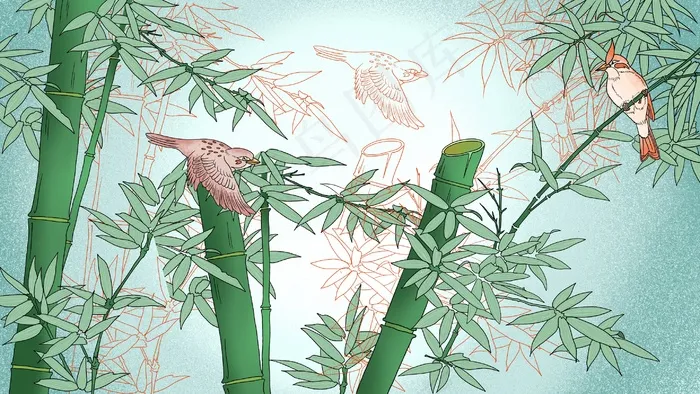 中国风工笔花鸟竹子(2880*1620px 300 dpi )psd模版下载