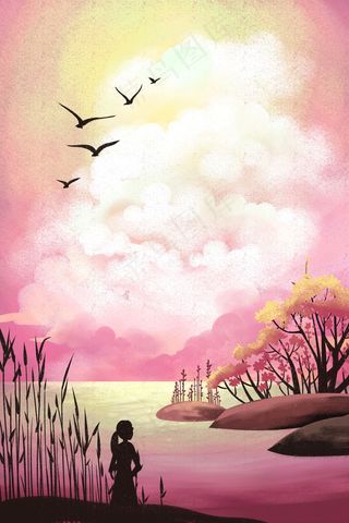 粉色系卡通手绘风治愈美景配图