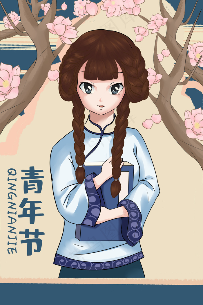 五四青年节民国读书少女手绘插画