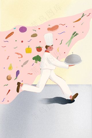 暖色系劳动节卡通小清新厨师奔跑配图