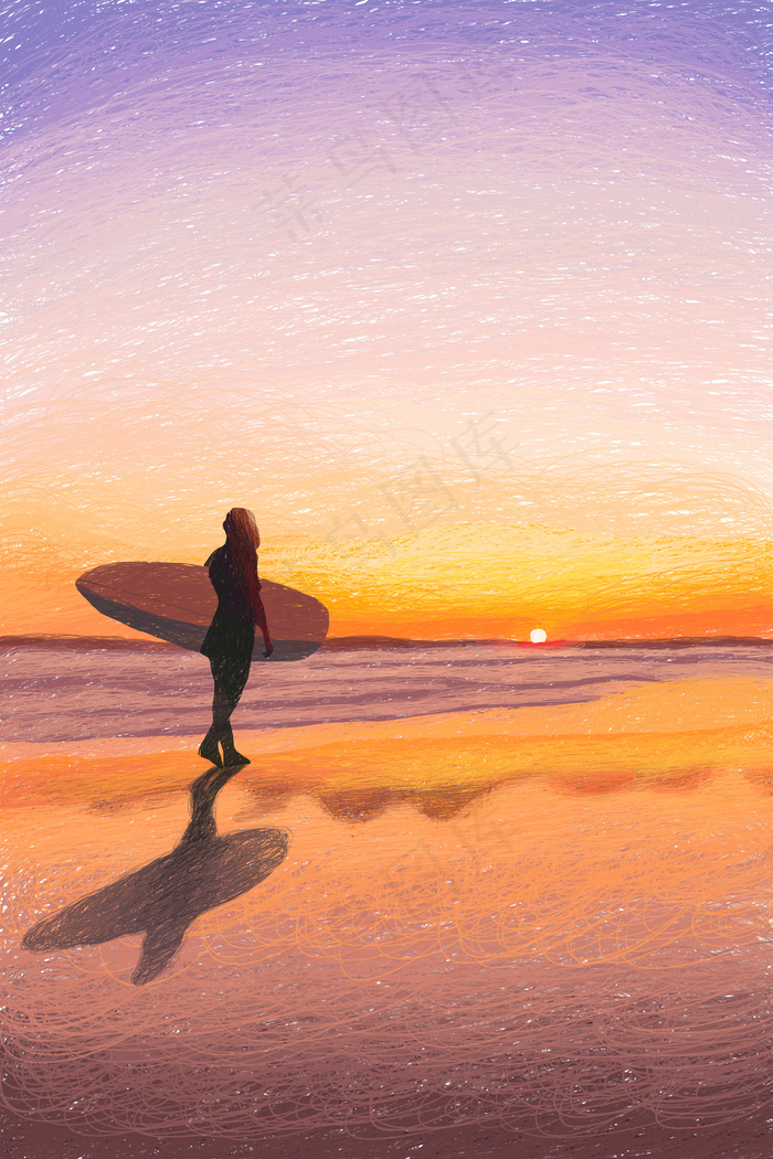 唯美海洋治愈系海边夕阳线圈画(3545X5315(DPI:300))psd模版下载
