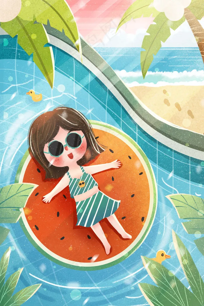 小清新夏天节气女孩泳池游泳吃西瓜(3545X5315(DPI:300))psd模版下载