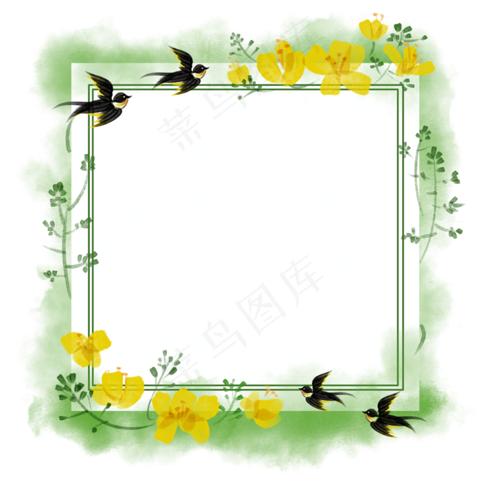 春季油菜花绿植燕子花鸟方形边框,免抠元素(3000X3000(DPI:300))psd模版下载