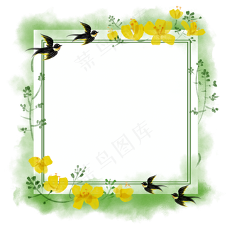 春季油菜花绿植燕子花鸟方形边框,免抠元素