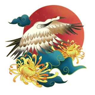 国潮复古仙鹤和菊花,免抠元素