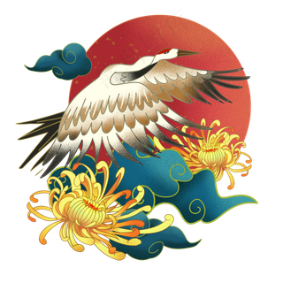 国潮复古仙鹤和菊花,免抠元素