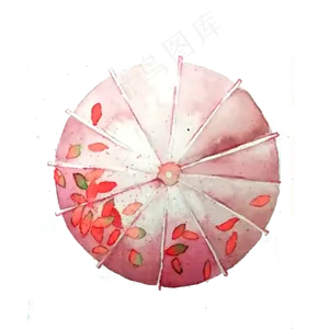 油纸伞水红叶子水彩PNG,免抠元素