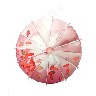油纸伞水红叶子水彩PNG,免抠元素