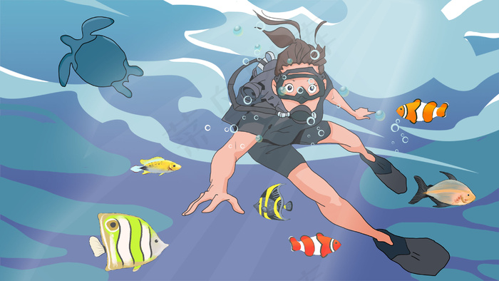 夏天在海里潜泳的少女