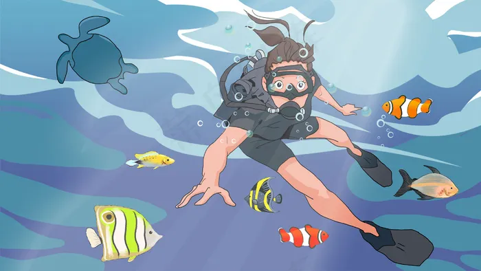 夏天在海里潜泳的少女(2880*1620px 300 dpi )psd模版下载