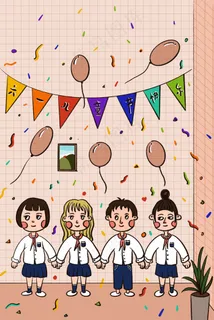 暖色系儿童节小朋友牵手卡通配图