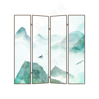 中国风古代屏风山水画装饰免扣素