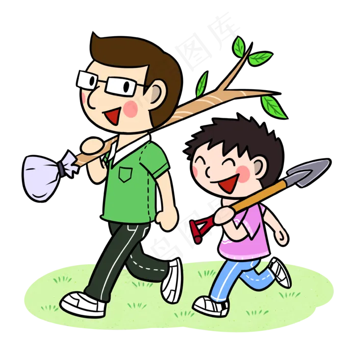 卡通植树节父子种树png透明底,免抠元素