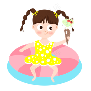 盛夏大暑女孩冰淇淋游泳圈手绘插