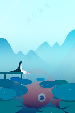 清凉夏日荷塘少女与大鱼