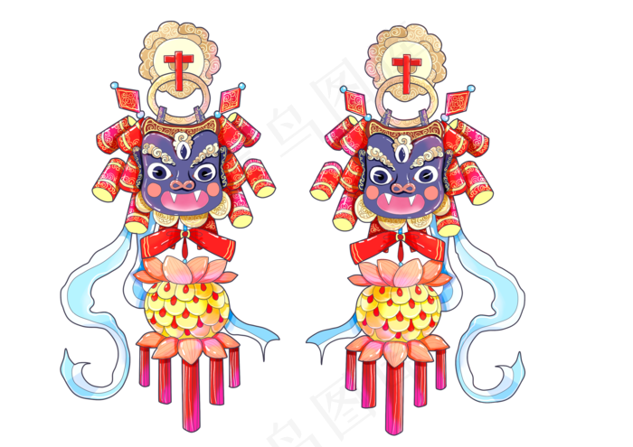 猪年春节中国红挂件脸谱莲花可爱,免抠元素