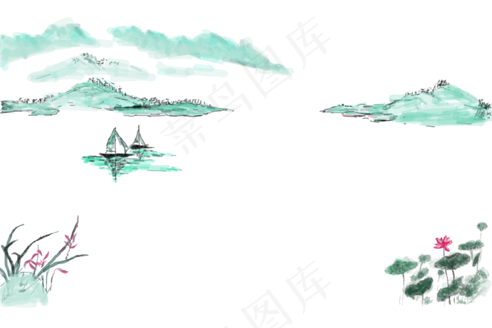 手绘卡通水墨山水水乡png小船