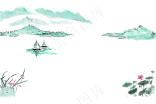 手绘卡通水墨山水水乡png小船