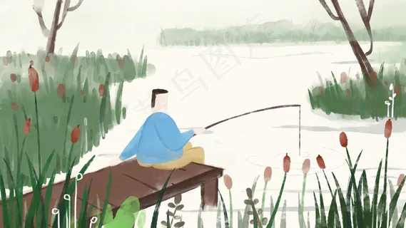 水墨简约河边垂钓风景