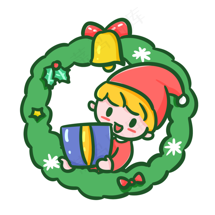 圣诞节平安夜可爱手绘花环男孩送,免抠元素