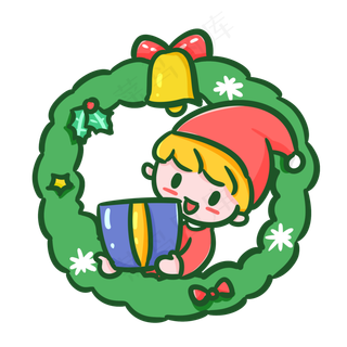 圣诞节平安夜可爱手绘花环男孩送,免抠元素