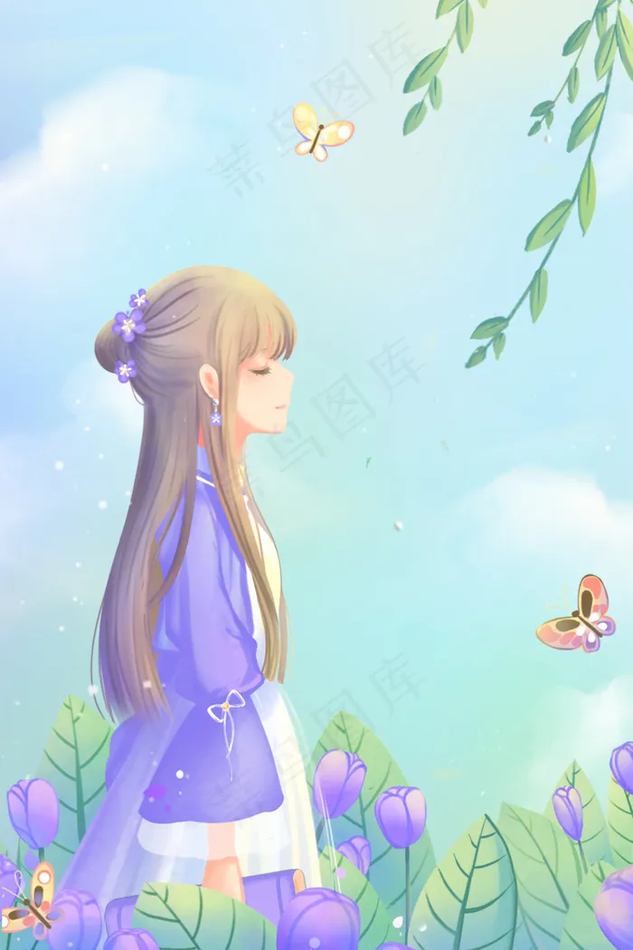 蓝色紫色唯美卡通小清新治愈少女赏景配图