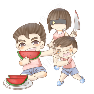 立夏吃瓜的一家人PNG元素图片