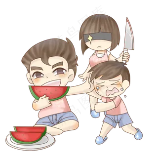 立夏吃瓜的一家人PNG元素图片