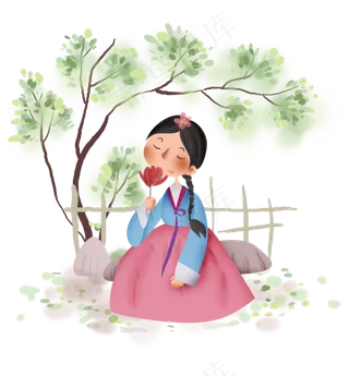 春天踏青赏花的韩国少女