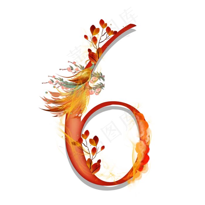 国潮凤凰数字6(2000*2000px 	      )psd模版下载