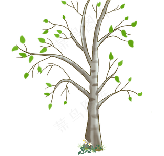 春天大树长新芽手绘,免抠元素