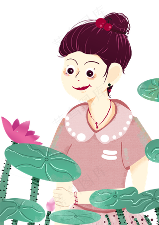 手绘卡通荷花里的女孩免扣元素