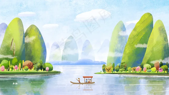 山水风景旅游手绘小清新(2880X1620(DPI:300))psd模版下载