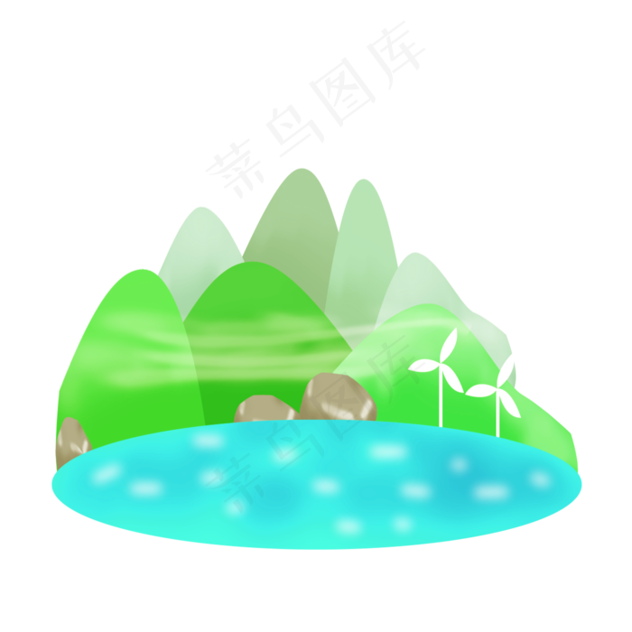手绘免扣绿色山水