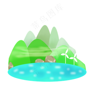 手绘免扣绿色山水
