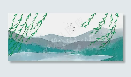 春堤绿柳山水中国风水墨PNG素材,免抠元素