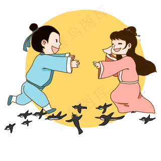 七月初七七夕卡通可爱牛郎织女鹊,免抠元素