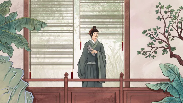 古风学习主题之书生在走廊背书
