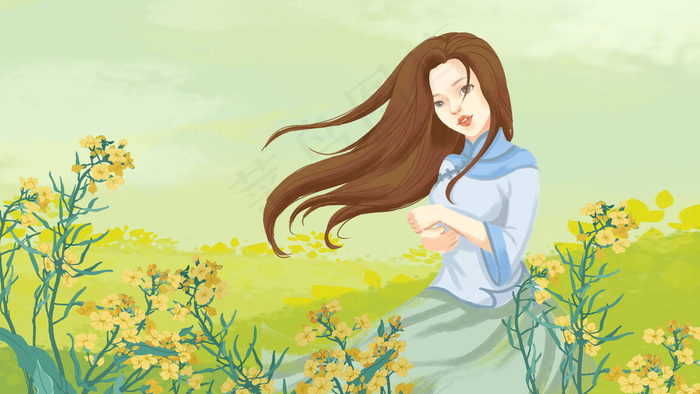 春日扁平油菜花节花田少女