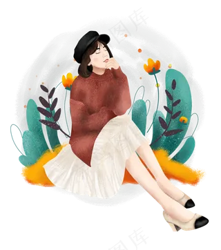 春天植物和短发女生,免抠元素