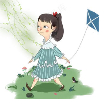 清明节春风吹放风筝的女孩手绘插