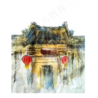 民居宅门建筑大门屋檐水墨国画P