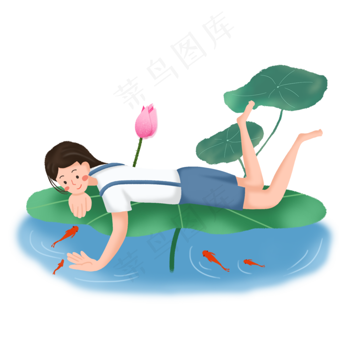 大暑女孩荷叶上摸金鱼素材