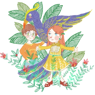 春游春色孔雀羽毛叶子男孩女孩