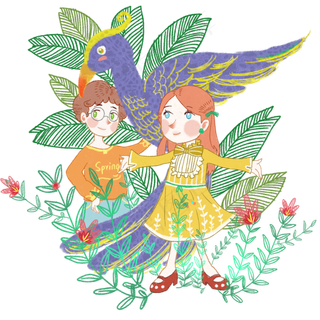 春游春色孔雀羽毛叶子男孩女孩