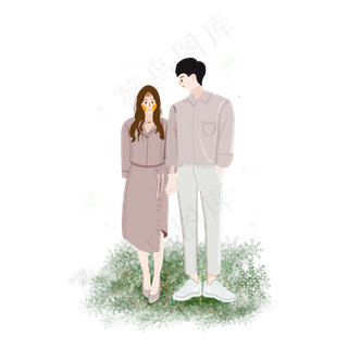 情侣手拉手手绘PNG免抠素材