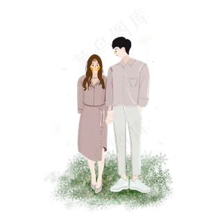 情侣手拉手手绘PNG免抠素材