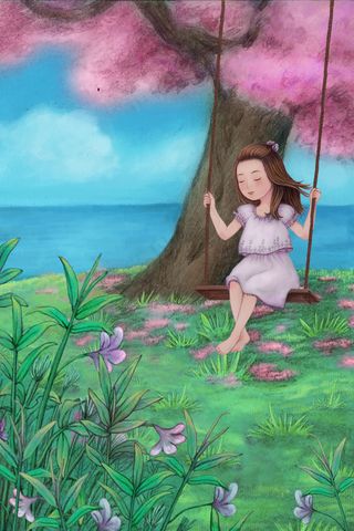 夏天 夏景 海边 小女孩 荡秋千