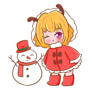 圣诞节平安夜可爱女孩雪人合影麋,免抠元素