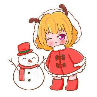 圣诞节平安夜可爱女孩雪人合影麋,免抠元素